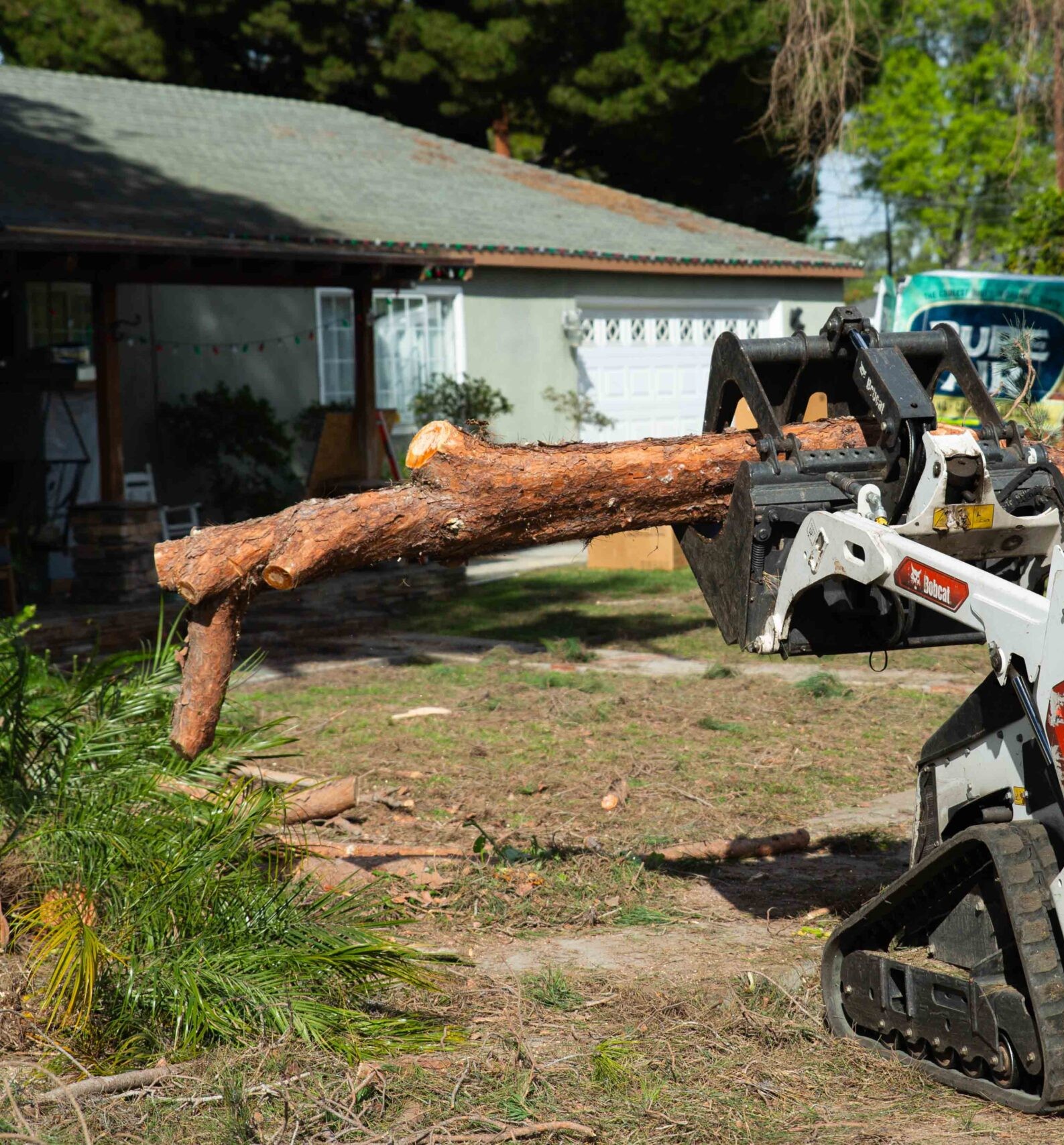 Tree removal crew clearing a fallen branch with equipment